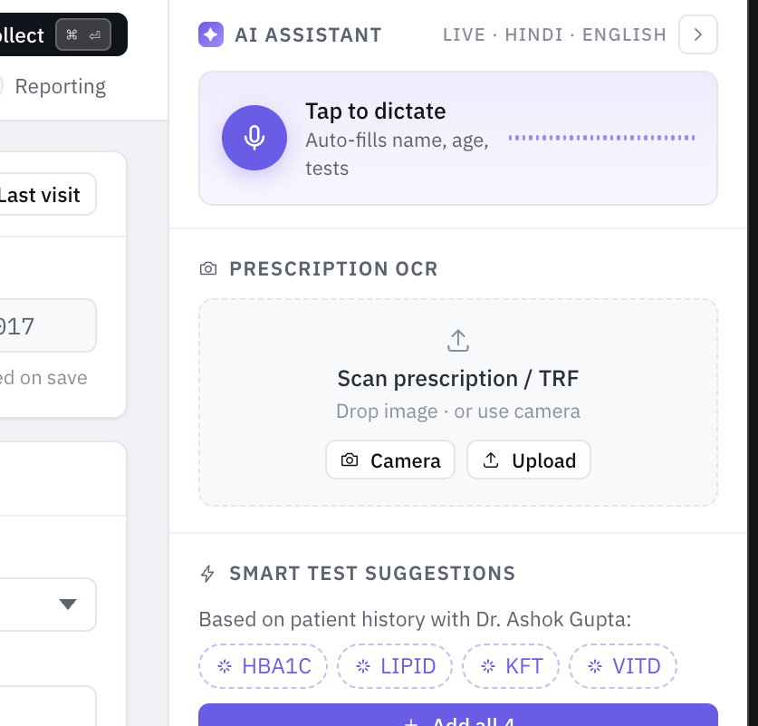 Registration assistant — dictation, OCR, test suggestions