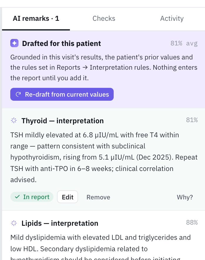 AI remarks panel in NueX LIS — drafted interpretation with add, edit and dismiss controls
