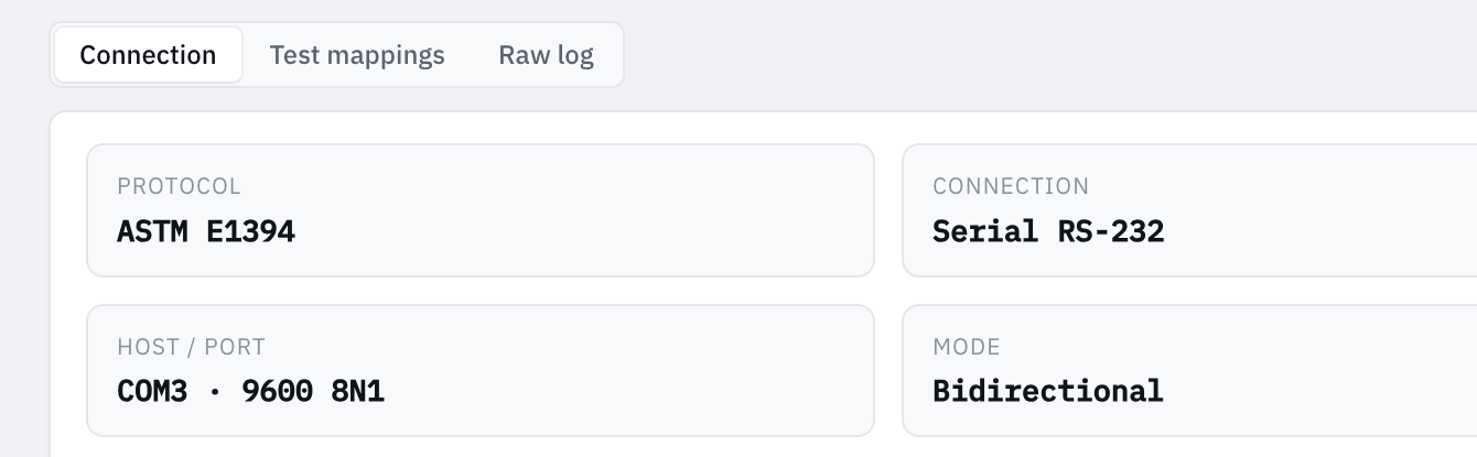 Per-instrument connection — protocol, port, mode